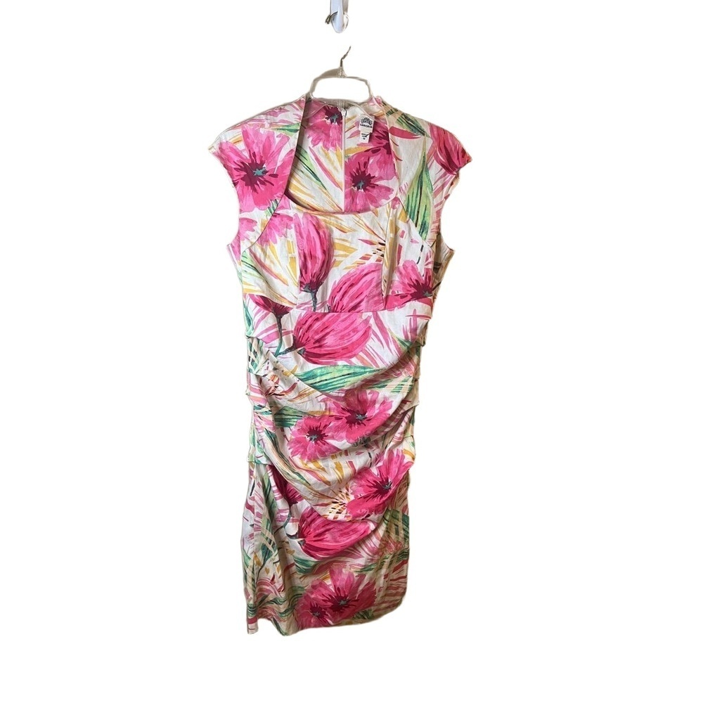 Sangria AXF7105 Pink Green Floral Draped Front Cap Sleeve Midi Dress Size 12